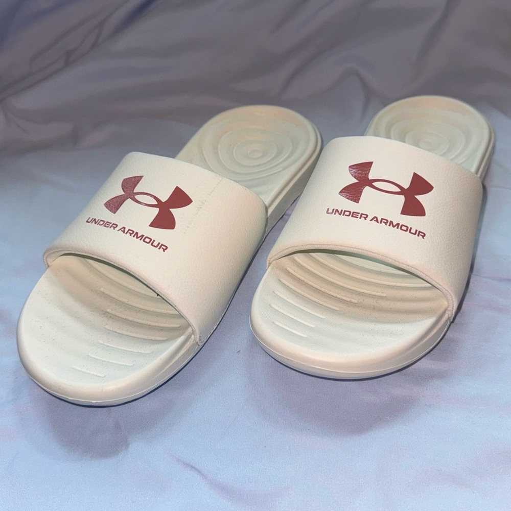 Under Armour White Slides with Pink Logo